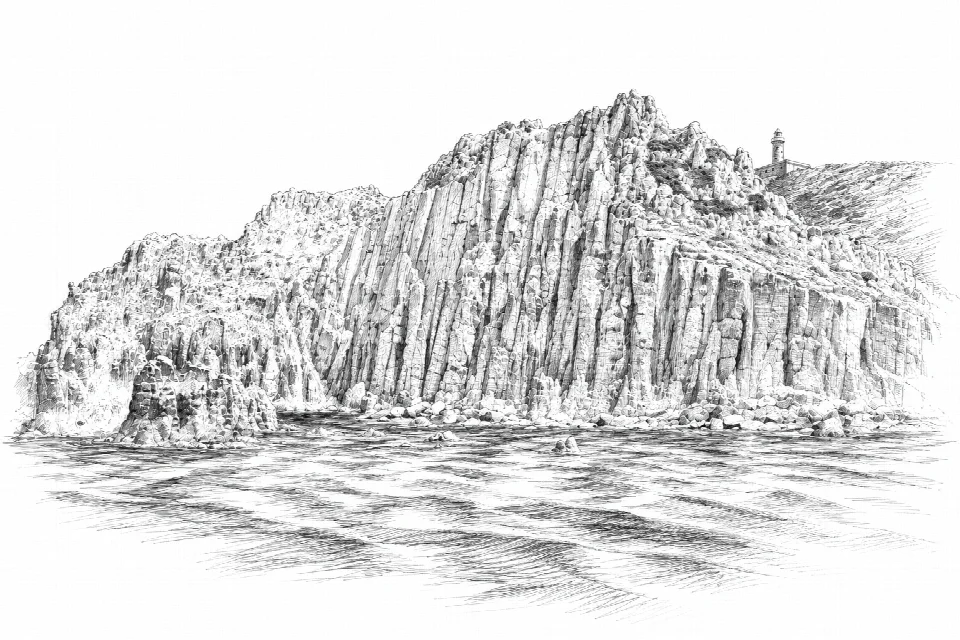 Schizzo artistico del faro e delle falesie di Capo Sandalo
