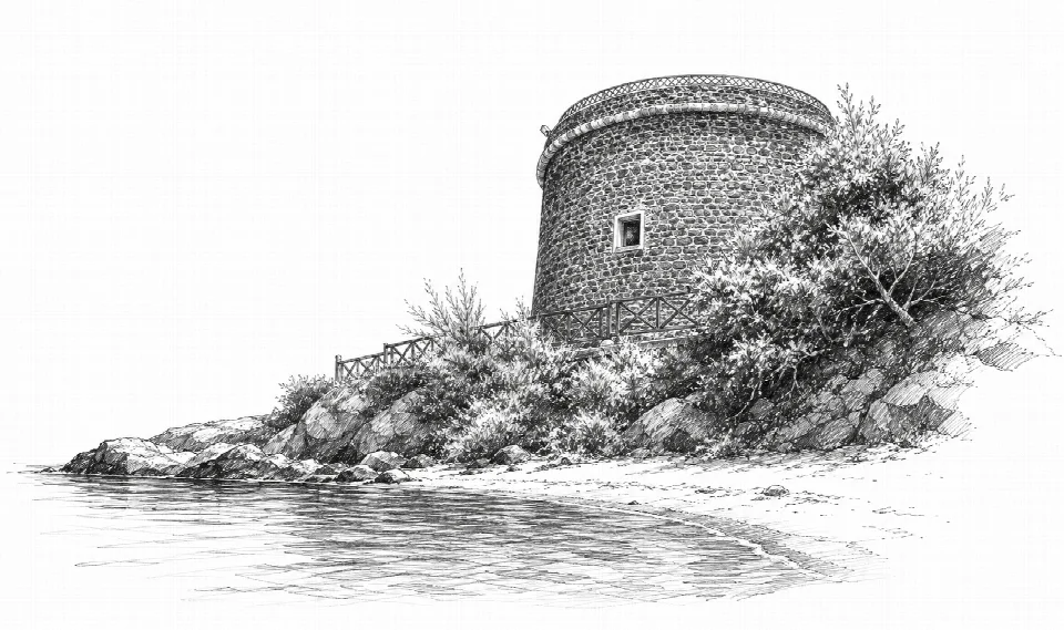 Schizzo artistico della Spiaggia Sottotorre e della torre di Calasetta